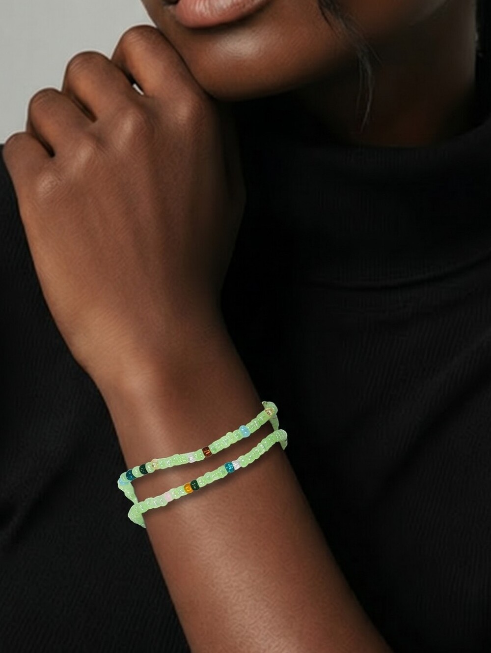 Mint Green Seed Bead Bracelet Set Blue Bronze Stretch Stack Boho Pastel Coastal